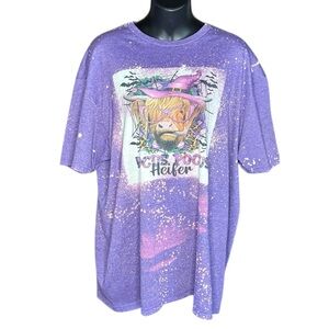 Gildan Womens vintage purple bleach-splattered Highland Cow Hocus Pocus sz XL
